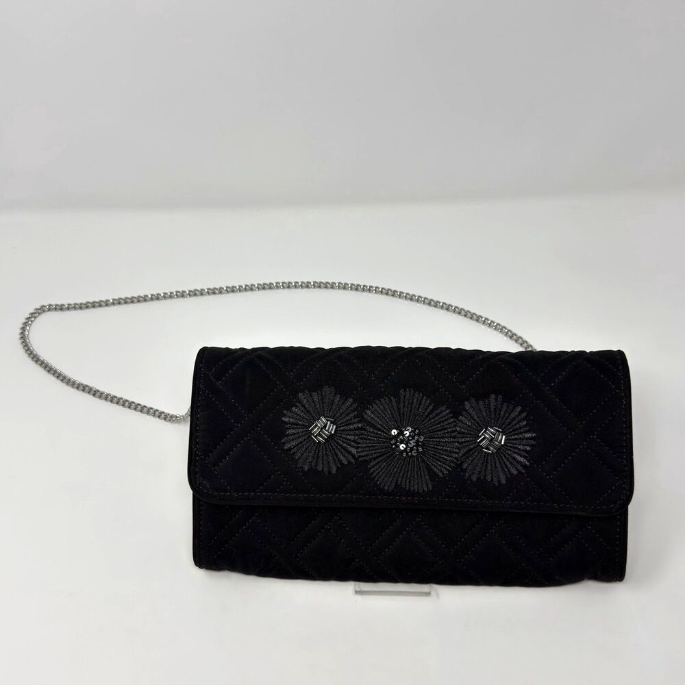 Vera Bradley Celebration Clutch Midnight Blossoms Black Quilted Chain Strap NEW